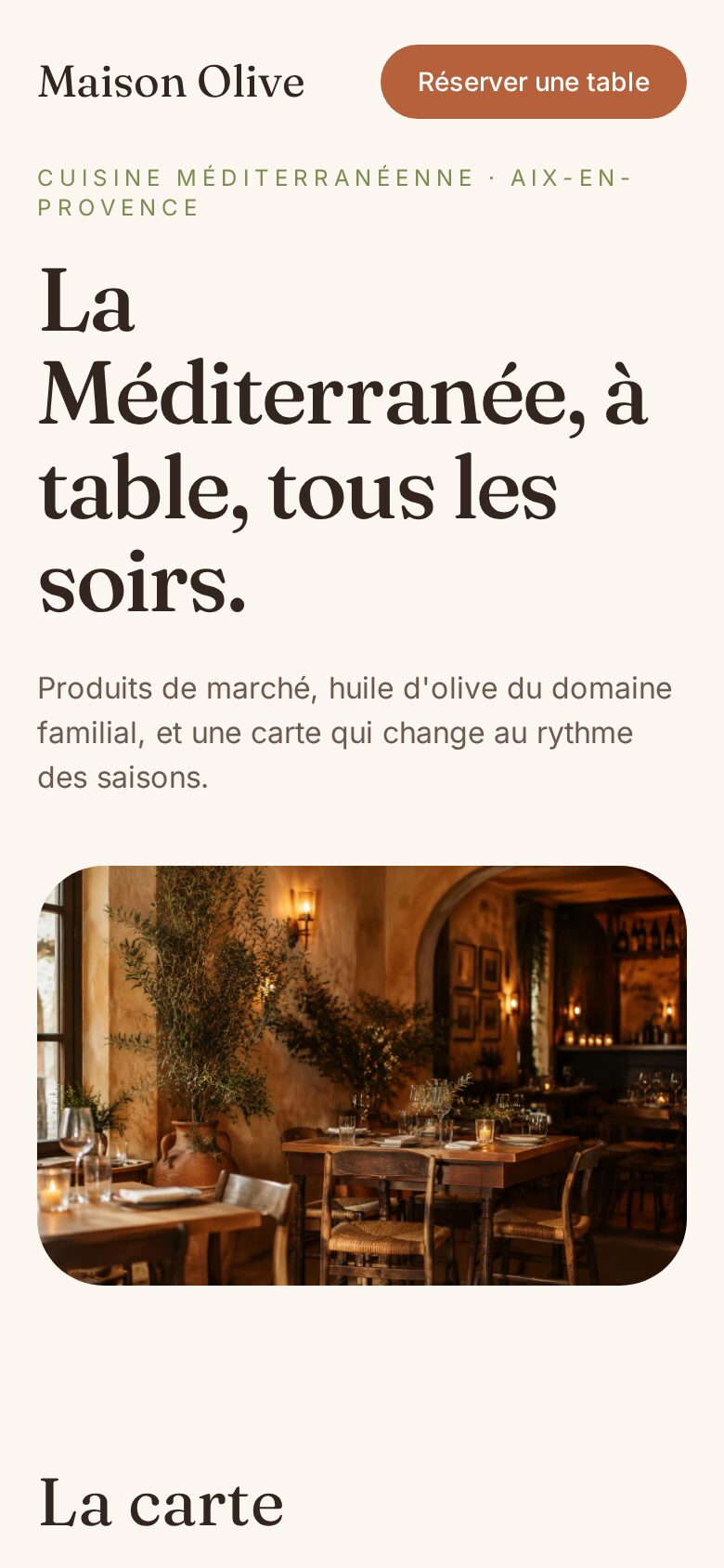 Page d'exemple Maison Olive, site de restaurant, sur téléphone